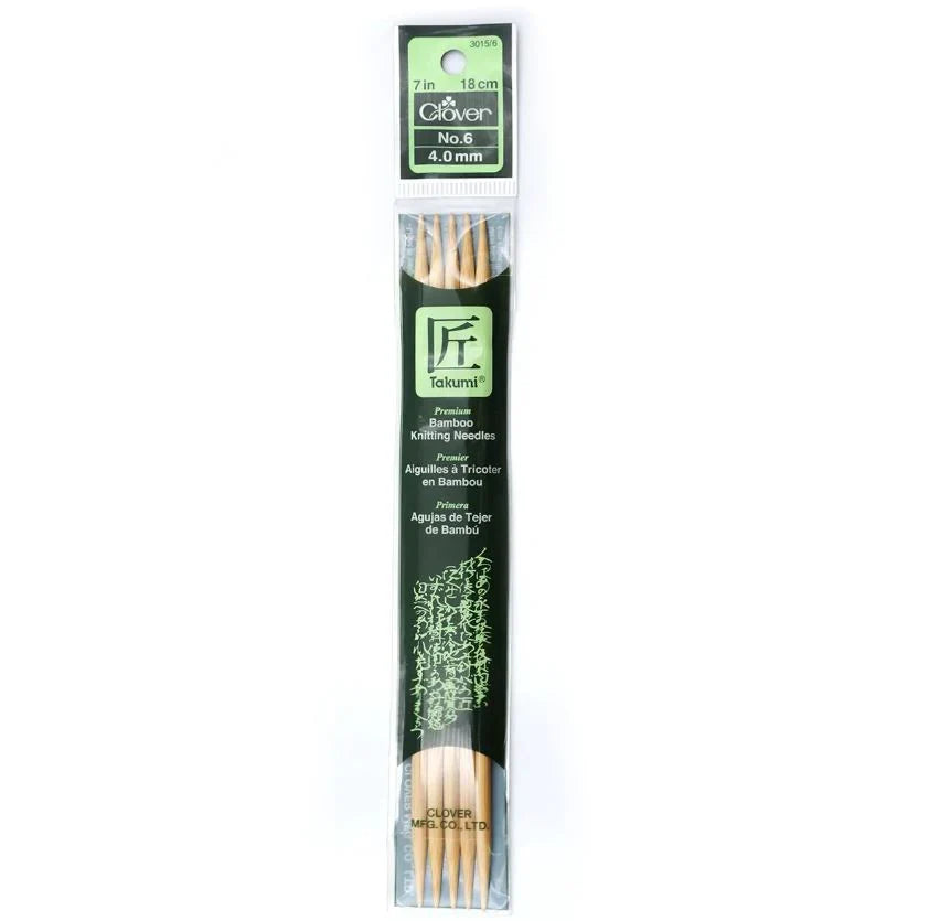 Clover Bamboo Needles Double Pointed 7" (Sizes 0 to 15)