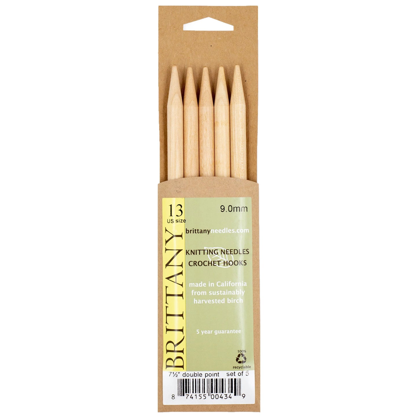 Brittany Birchwood Double Pointed Knitting Needles 7.5" (Sizes 3 to 17)
