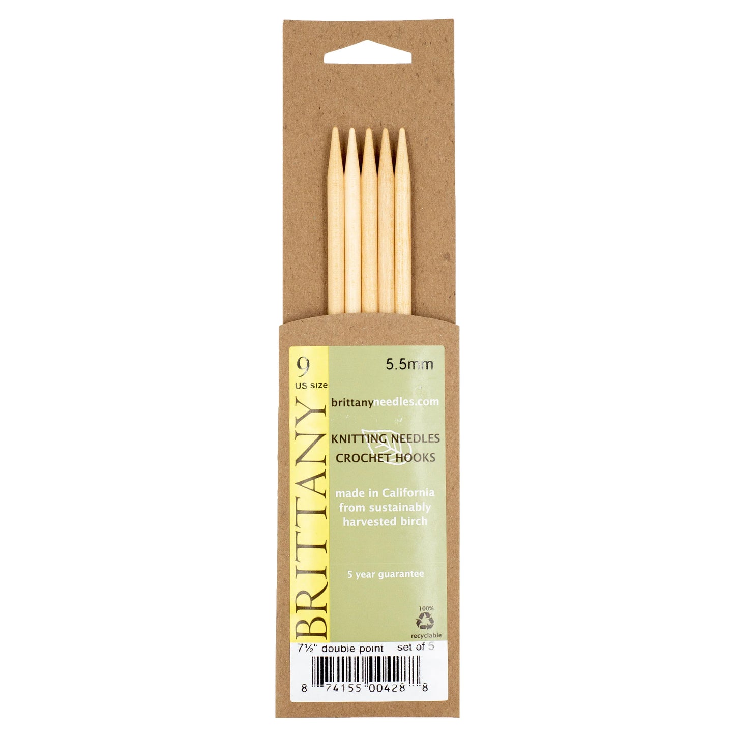 Brittany Birchwood Double Pointed Knitting Needles 7.5" (Sizes 3 to 17)