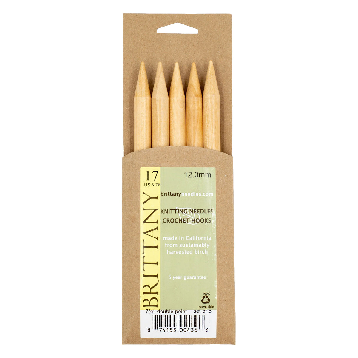 Brittany Birchwood Double Pointed Knitting Needles 7.5" (Sizes 3 to 17)