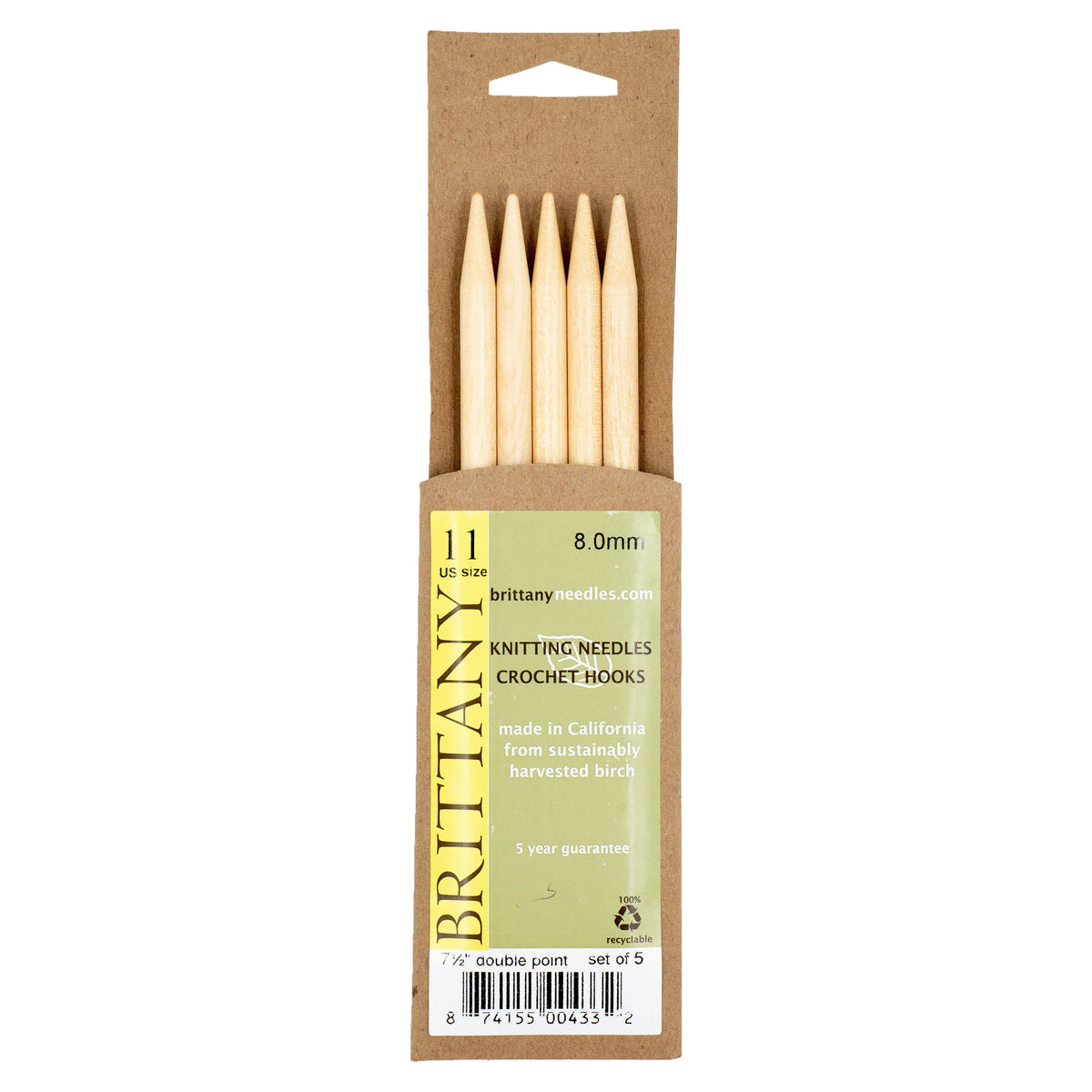 Brittany Birchwood Double Pointed Knitting Needles 7.5" (Sizes 3 to 17)