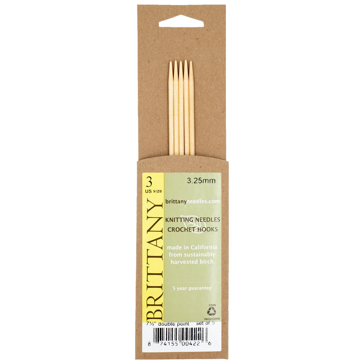 Brittany Birchwood Double Pointed Knitting Needles 7.5" (Sizes 3 to 17)